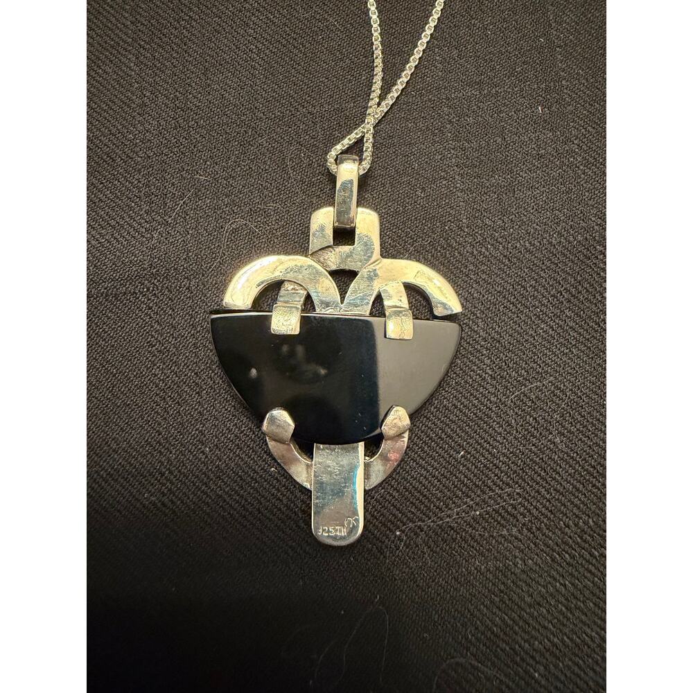 Art Deco Vintage 925 Sterling Silver 1.75x1.25” Onyx and Marcasite 18” Necklace - Picture 7 of 14